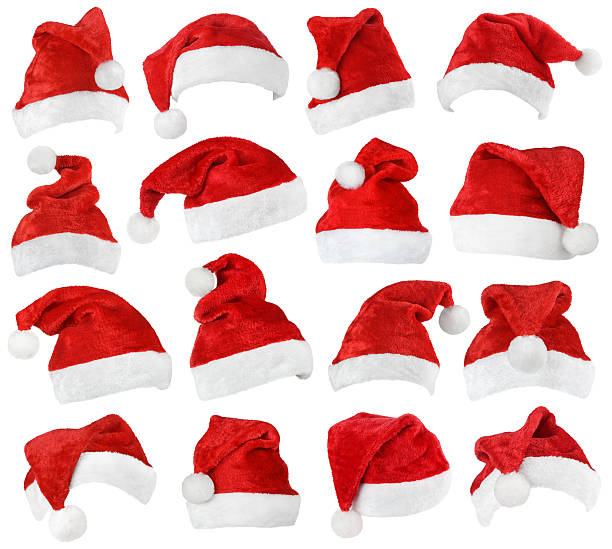набор красные шляпы санта-клауса - santa hat стоковые фото и изображения