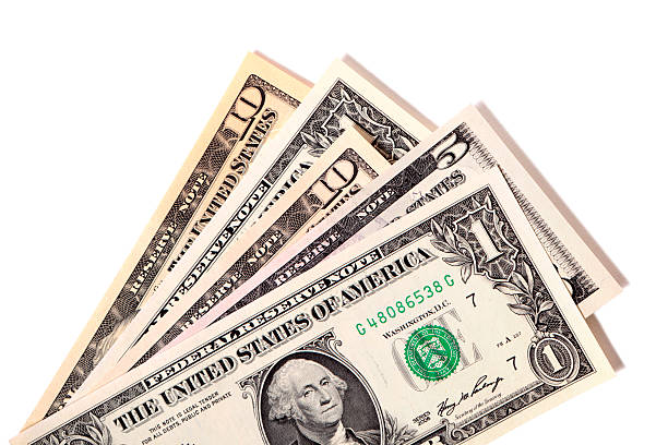 fan von verschiedenen us-dollarnoten - currency us paper currency five dollar bill usa stock-fotos und bilder