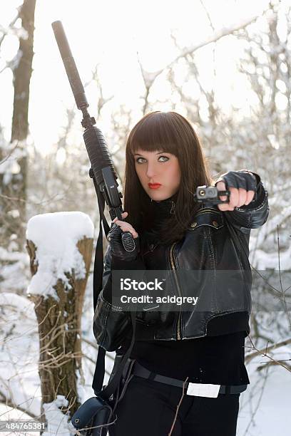 Portrait Of Armed Nice Young Lady Stock Photo - Download Image Now - Adult, Adults Only, Aiming