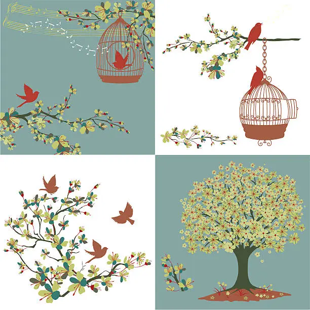 Vector illustration of Cherry Blossoms Sakura And Birds Ornaments Set