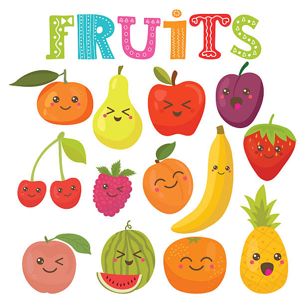 Cute kawaii smiling fruits. Healthy style collection Cute kawaii smiling fruits. Healthy style collection. Vector illustration oranges with faces stock illustrations