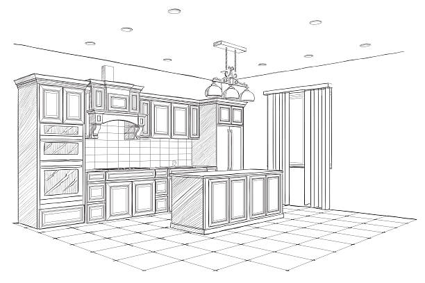 Interior sketch of modern kitchen with island. vector art illustration