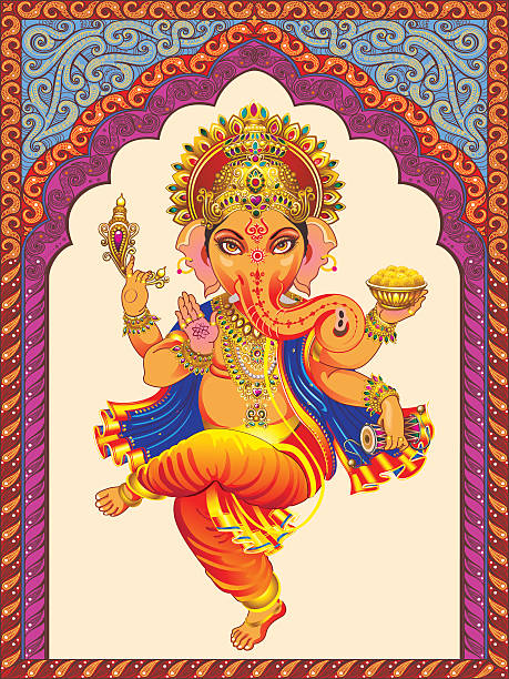 ilustraciones, imágenes clip art, dibujos animados e iconos de stock de ganesha sobre un fondo patrón decorado adinteladas. - indian god