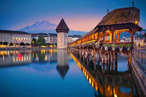 Image of Lucerne, Switzerland during twilight blue hour.