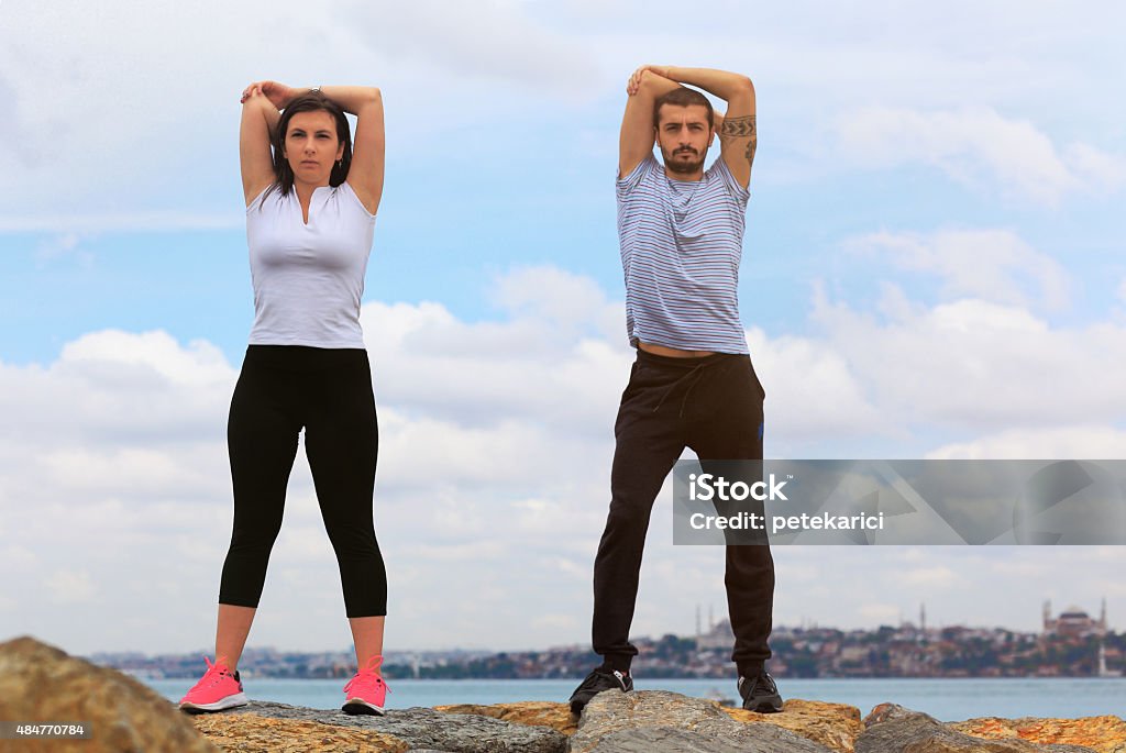 Couple exercising near Istanbul Bosphorus Young couple jogging in Istanbul 20-29 Years Stock Photo