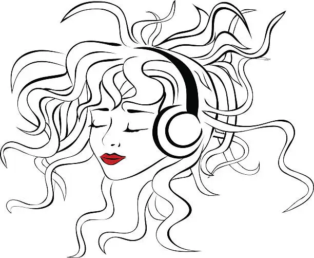 Vector illustration of Vector girl listening music with headphones