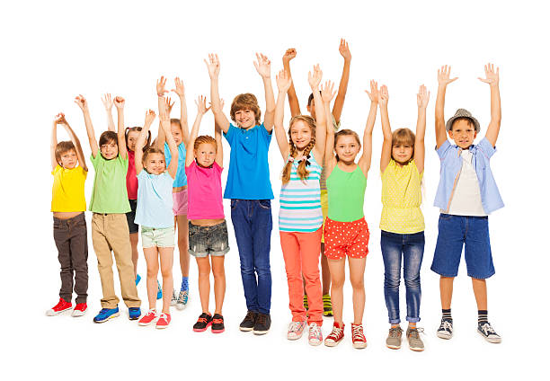 istock Many different kids with raised in the air hands 484774386