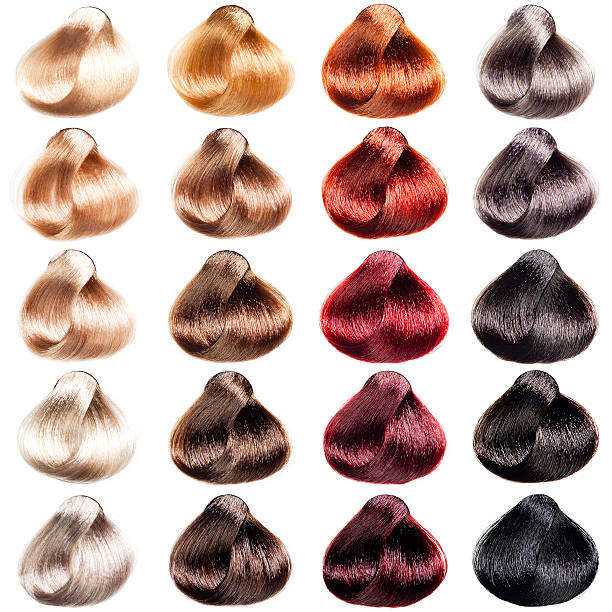 cheveux échantillons de palette de couleurs différentes. - human hair curled up hair extension isolated photos et images de collection