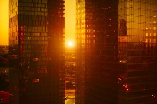 High modern skyscrapers at sunset