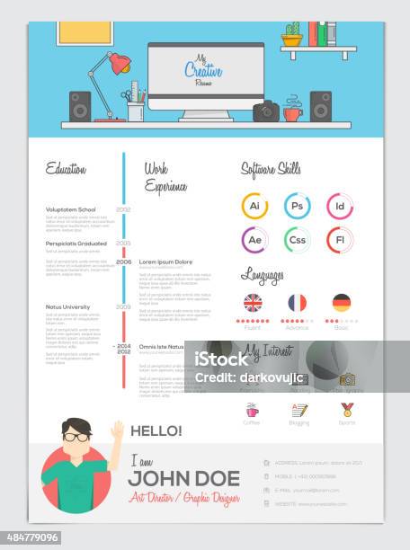 Flat Resume With Infographics Stock Illustration - Download Image Now - Résumé, Template, Infographic