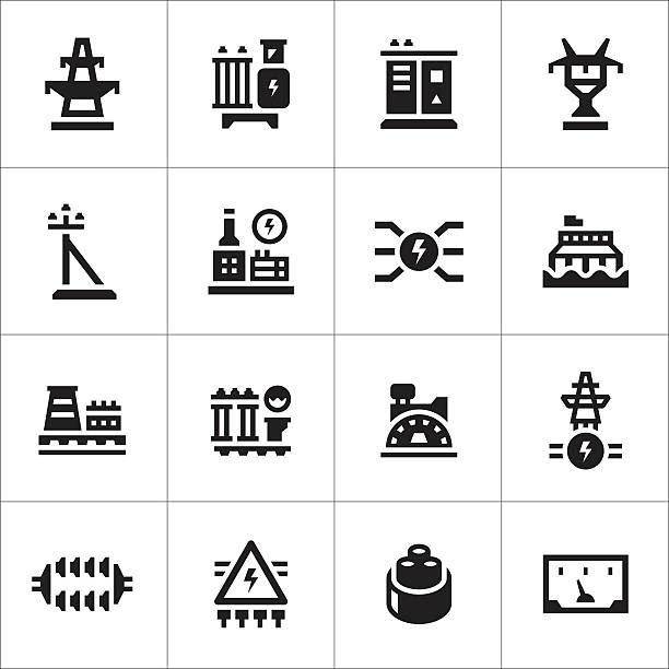 set symbole der strom industrie - umspannwerk stock-grafiken, -clipart, -cartoons und -symbole