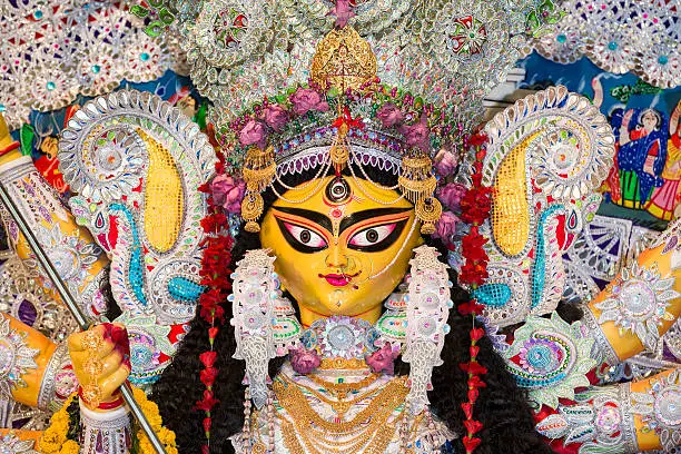 An Indian Deity : Goddess Durga. Durga worship is a yearly event and these deities are created every year and immersed in a river every year after the completion of the 5-day event. 