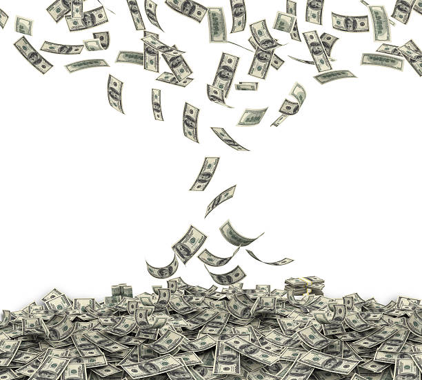 Falling American Currency Falling $100 both from front and back like real one on white background. High resolution, sharp 3D rendering. huge pile of money stock pictures, royalty-free photos & images