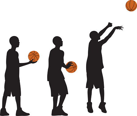 Vector silhouettes of a boy holding and shooting a basketball.