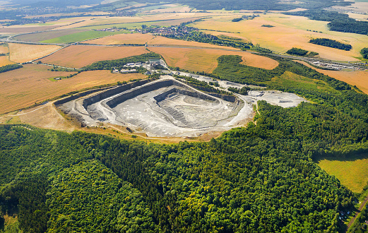 Aerial view Coal open cast mine Jaenschwalde and the village Griessen, Brandenburg, Germany