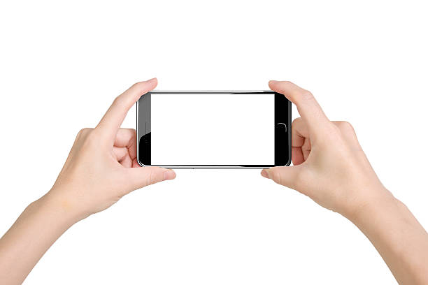 istock Woman hands holding smart phone with blank white touchscreen 484795646