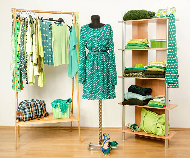 istock Dressing closet with green clothes arranged on hangers and shelf. 484800580