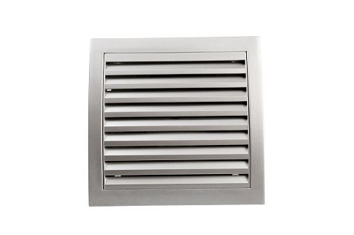 Square bathroom exhaust ventilation fan on white background, isolated with clipping path. Plastic with shine, silver like finishing.