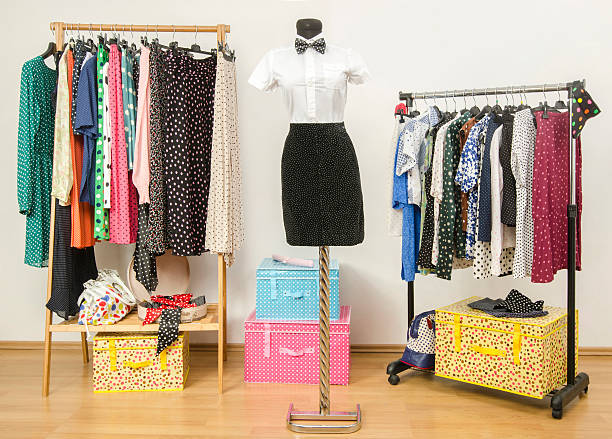 istock Dressing closet with polka dots clothes arranged on hangers. 484803400