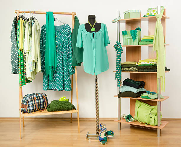 istock Dressing closet with green clothes arranged on hangers and shelf. 484803420