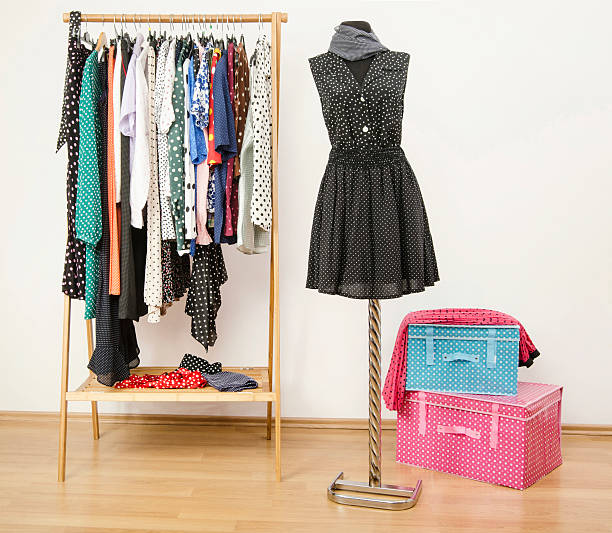 istock Dressing closet with polka dots clothes arranged on hangers. 484804300