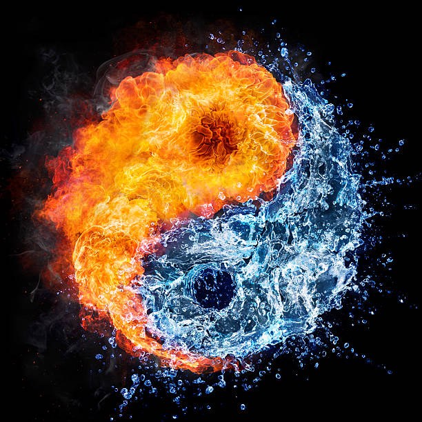 fire and water - ying  yan concept tao symbol flame and water drops shape tao symbol bonfire photos stock pictures, royalty-free photos & images