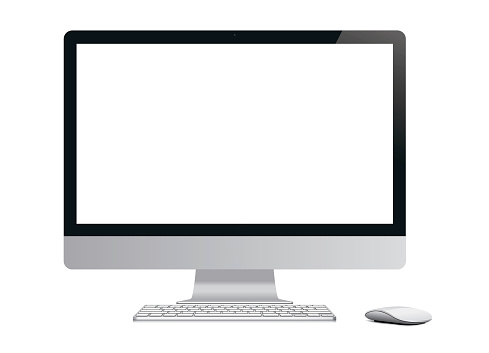 Modern Computer with mouse and keyboard, isolated on white.