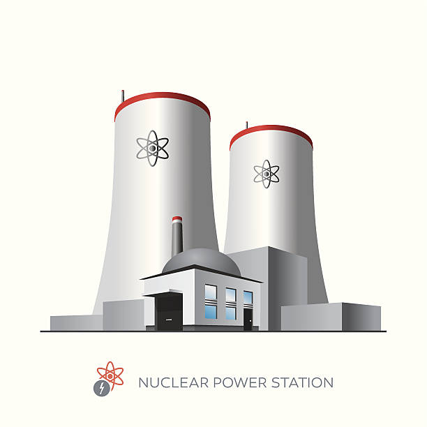 Nuclear power plant Isolated nuclear power plant icon on white background in cartoon style. nuclear reactor stock illustrations