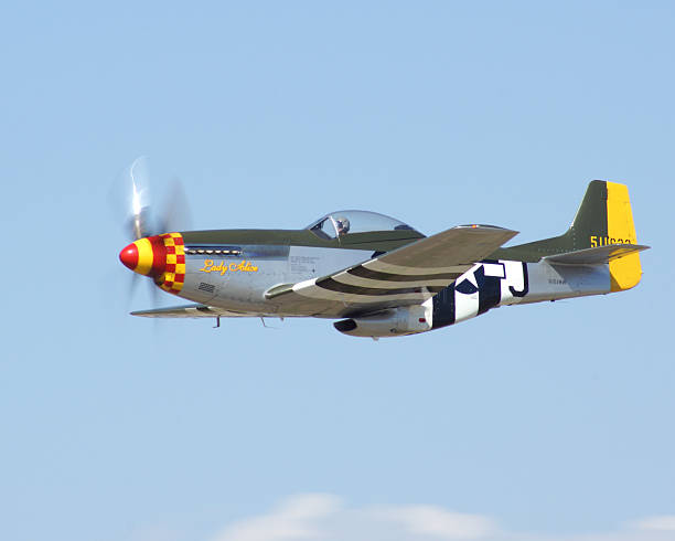 P-51 Mustang Riverside, California, USA- April 5, 2014. Vintage WWII P-51 aircraft flies at the Riverside Airshow. For the 22nd year, this free airshow has thrilled the crowds and this years event was no exception with over 5 hours of aircraft flying. p51 mustang stock pictures, royalty-free photos & images