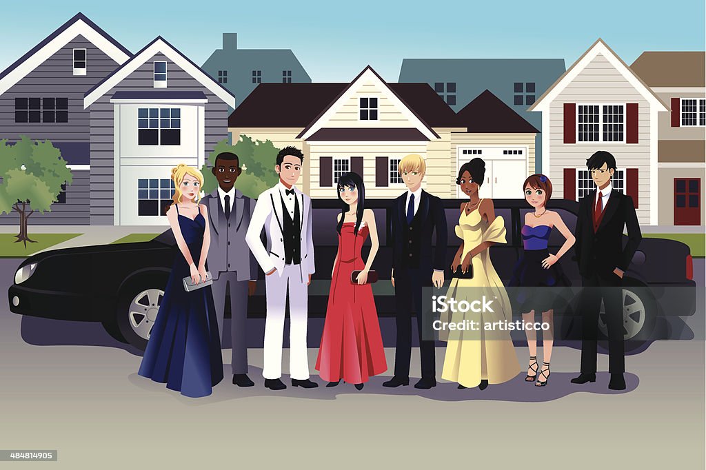 Teens in prom dress A vector illustration of teen in prom dress standing in front of a long limo Prom stock vector