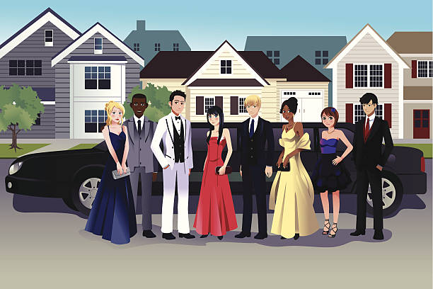 Teens in prom dress A vector illustration of teen in prom dress standing in front of a long limo prom stock illustrations