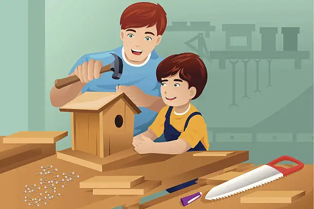 Vector illustration of Father son making a birdhouse