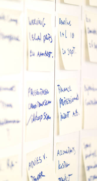 istock Yellow business Post-its in office environment with blue text 484814979