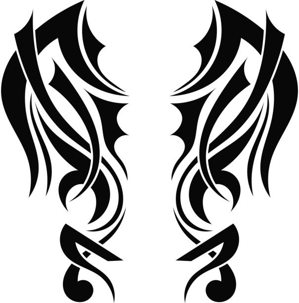ilustraciones, imágenes clip art, dibujos animados e iconos de stock de alas de diseño gráfico tatuaje tribal - tribal art wing flame art