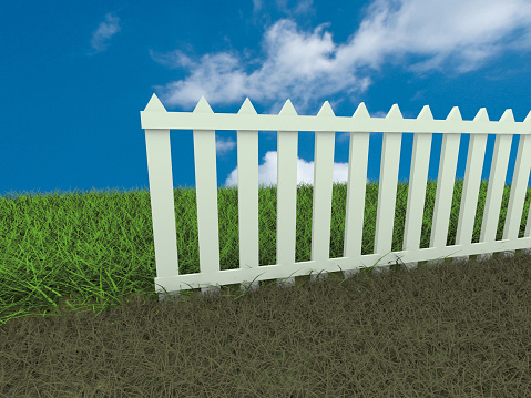 3D illustration of the adage of the Grass always being greener on the other side of the fence.