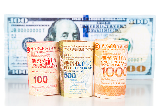 istock Close up of Hong Kong currency note against US Dollar 484823300