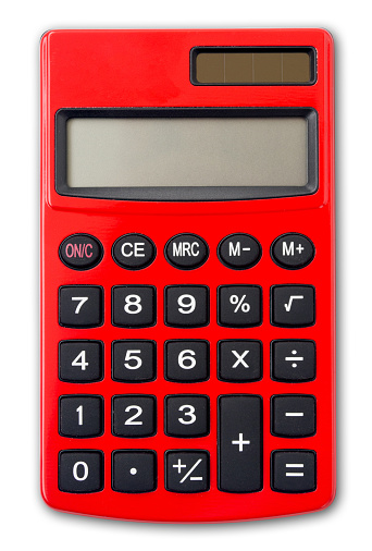 Red Calculator isolated on white background with shadow.