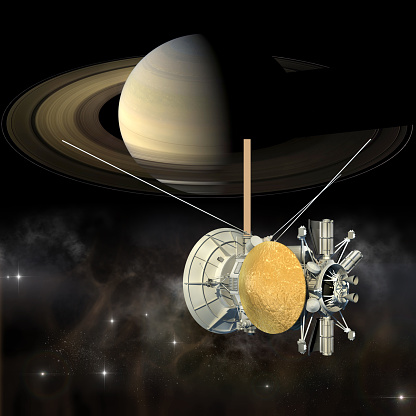 Unmanned spacecraft similar with the Cassini Huygens orbiter, passing Saturn. The background mapping of Saturn uses a file provided under general permission by NASA on the following link: http://www.nasa.gov/multimedia/guidelines