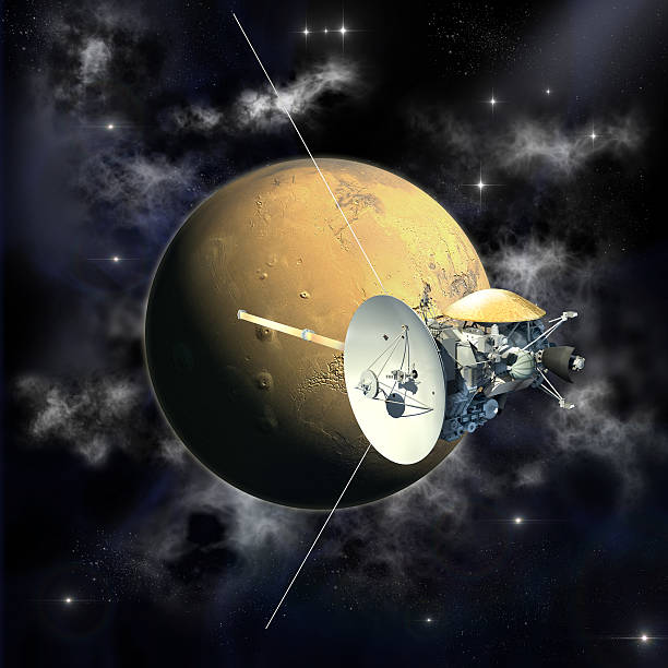 Cassini mission passing a planet Unmanned spacecraft similar with the Cassini orbiter passing a Mars like planet. The 3D mapping of Mars uses a file provided under general permission by NASA on the following link: http://www.nasa.gov/multimedia/guidelines voyager stock pictures, royalty-free photos & images