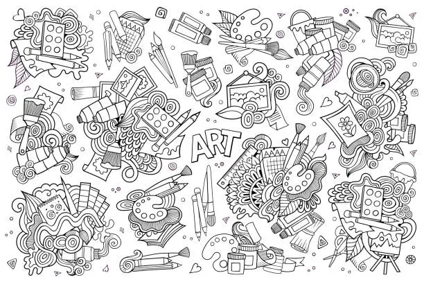 Vector illustration of Art and paint materials doodles hand drawn vector symbols