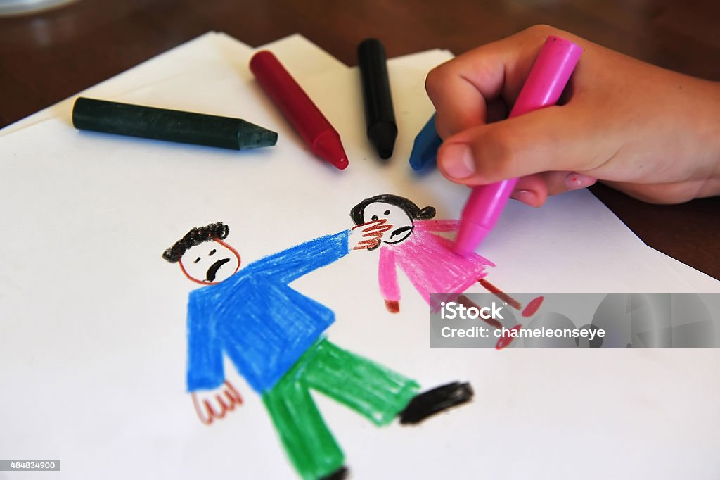 Drawing shows young girls inner feelings about being abused Young girl draws about being abused Child Abuse Stock Photo