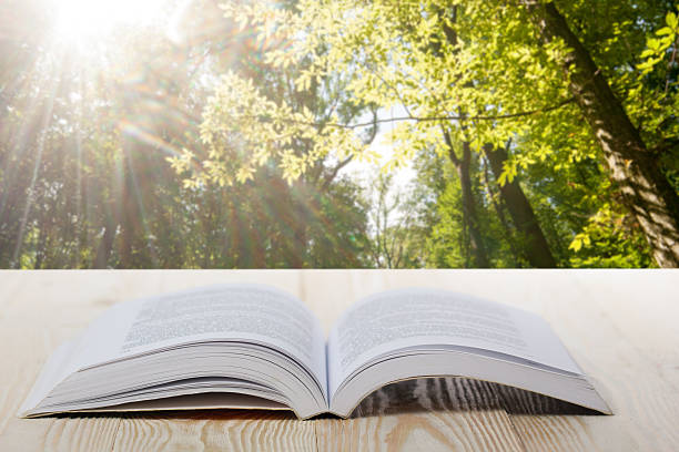 istock Open book on wooden table on natural blurred background. 484836318