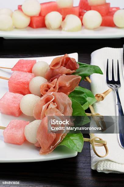 Ham With Melon And Watermelon Stock Photo - Download Image Now - 2015, Appetizer, Basil