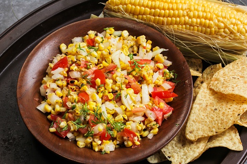 Corn Salss - Fresh summer food with grilled corm tomatoes and onion