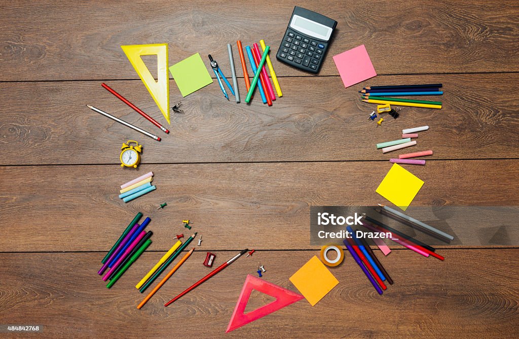 School Objects Pencils Calculator And Globe On Empty Wooden Plank Stock ...