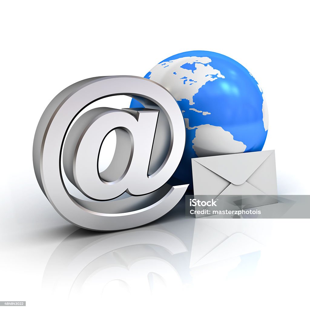 Email at sign Email sign, blue globe map and envelope on white background with reflection. E-Mail Stock Photo