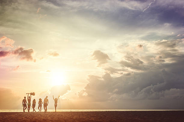 Summer is over Group of friends with raised arms at the sea, ready to party at sunset, starting a new summer, or greeting a summer that is over endland stock pictures, royalty-free photos & images