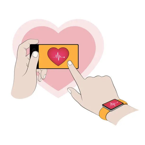 Vector illustration of Smartwatch and phone with heart beat monitoring