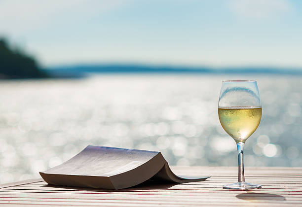 Wine and Book by the Sunny Sea A glass of white wine in front of a book by the glittering sea  white wine stock pictures, royalty-free photos & images