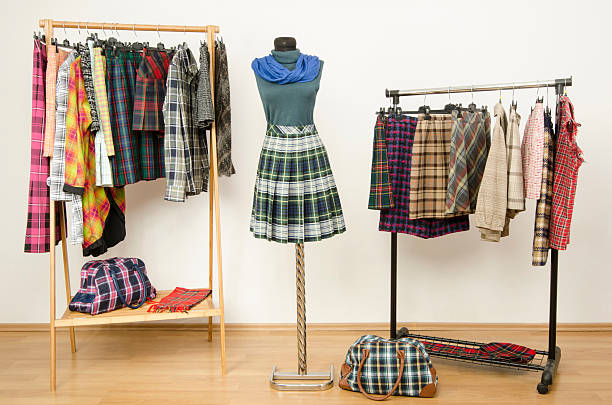 istock Dressing closet with plaid clothes arranged on hangers. 484845946